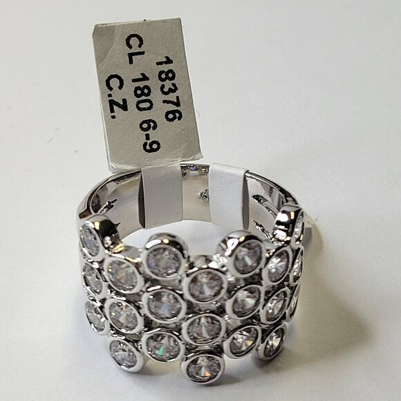 Clear Rhinestones Ring Size 8 Wide Band Silver Tone -Size 8 - Picture 4 of 14